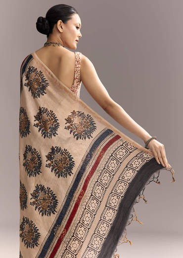 Beige Linen Saree With Ajrakh Floral Print And Black Border