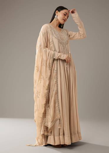 Beige Mirror Embellished Anarkali with Dupatta