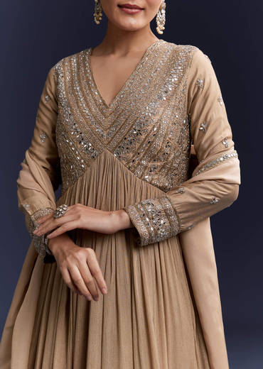 Beige Mirror Work Chinnon Anarkali with Dupatta