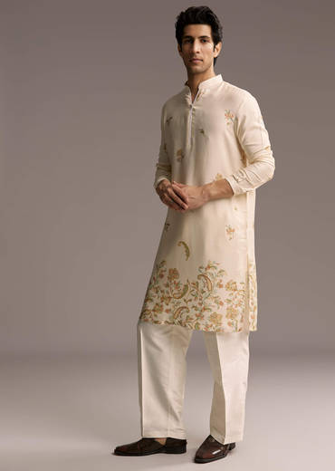 Beige Modal Printed Kurta Set For Men