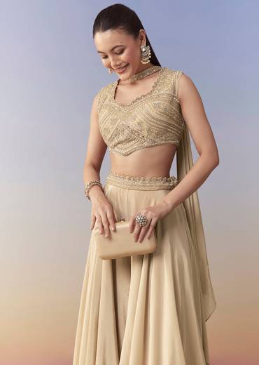 Beige Moti Work Crop Top Palazzo and Dupatta Set
