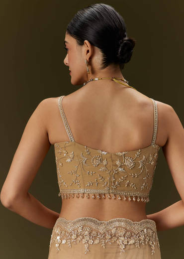 Beige Net Saree With All Over Heavy Embroidery