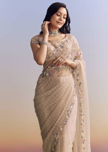 Beige Net Saree With Heavy Floral And Resham Thread Embroidery