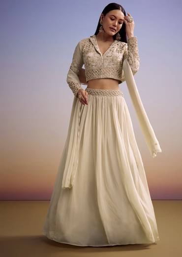 Beige Organza Lehenga Set With Embroidered Choli And Dupatta