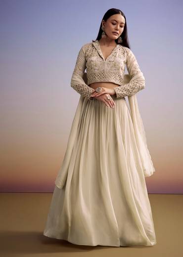 Beige Organza Lehenga Set With Embroidered Choli And Dupatta