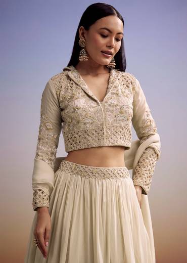 Beige Organza Lehenga Set With Embroidered Choli And Dupatta