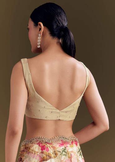 Beige Organza Saree With Beaded Border And Floral Print