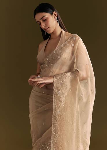 Beige Organza Sequin Embroidered Saree With Scallop Border