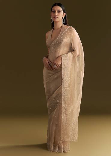 Beige Organza Sequin Embroidered Saree With Scallop Border