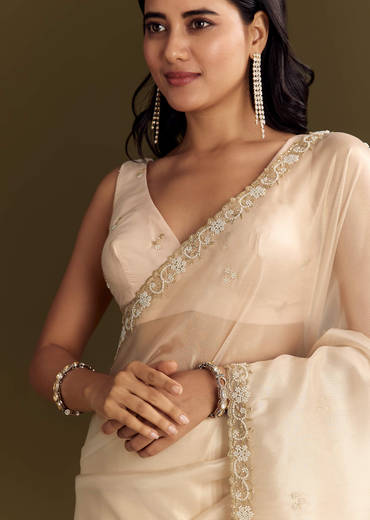 Beige Organza Tissue Saree With Cutdana And Beads Scallop Border