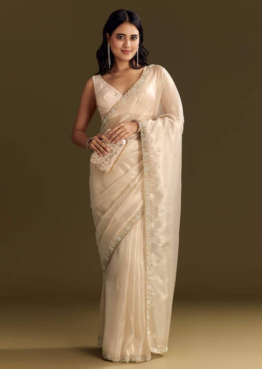 Beige Organza Tissue Saree With Cutdana And Beads Scallop Border