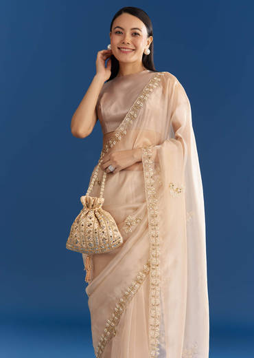 Beige Organza Tissue Saree With Cutdana Detailing