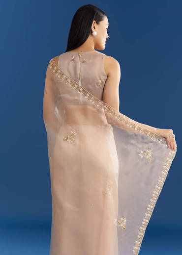 Beige Organza Tissue Saree With Cutdana Detailing