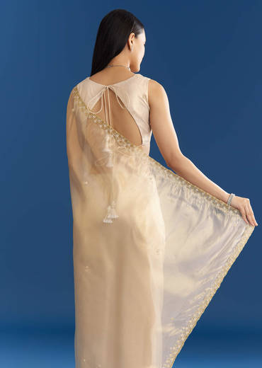Beige Organza Tissue Saree With Embroidered Scallop