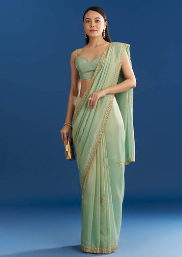 Mint Green Organza Tissue Saree With Subtle Embroidery
