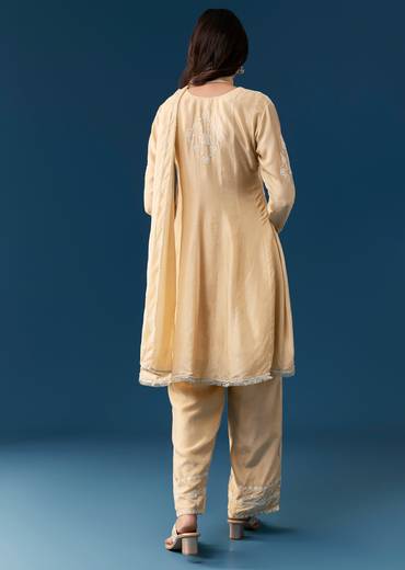 Beige Peplum Pakistani Style Anarkali Suit Thread Work