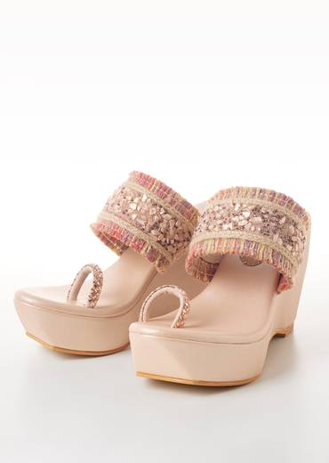 Beige Platform Toe Ring Wedges With Sequin Detailed Broad Strap