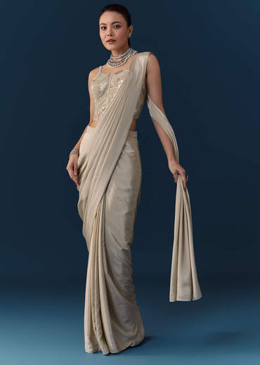 Beige Pre Pleated Saree with Sequin Corset Blouse