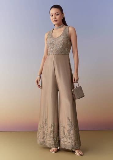 Beige Sequin Embroidered Jumpsuit