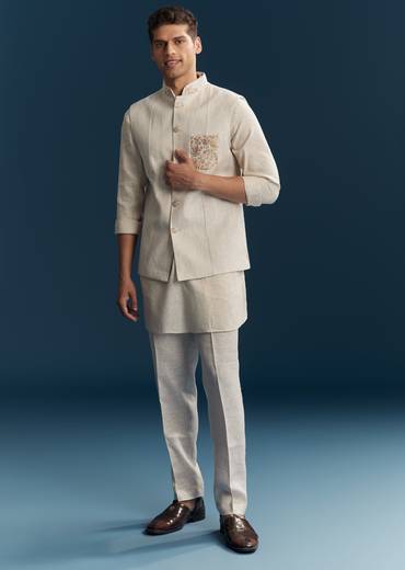 Beige Silk Kurta Jacket With Minimal Thread Detail