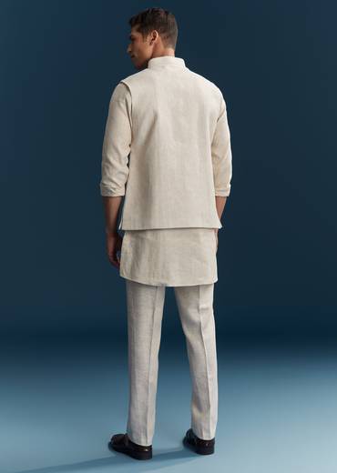Beige Silk Kurta Jacket With Minimal Thread Detail