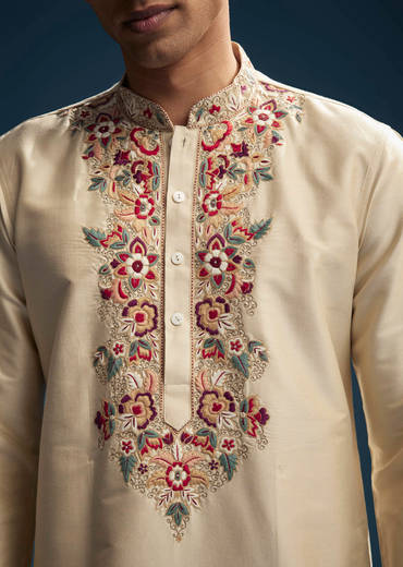 Beige Silk Kurta Set For Men With Resham Aari Embroidery