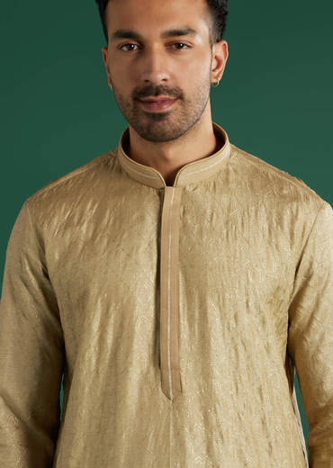 Beige Silk Kurta Set For Men With Subtle Woven Texture