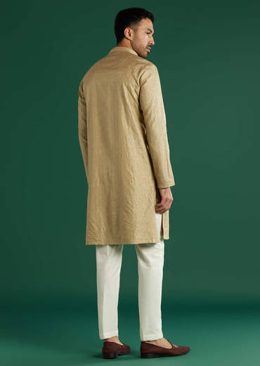 Beige Silk Kurta Set For Men With Subtle Woven Texture
