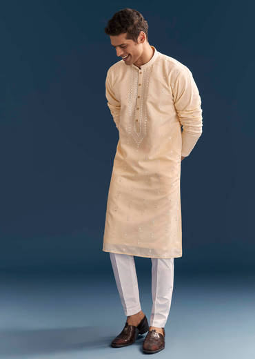 Beige Silk Kurta Set For Men With Thread And Mirror Embroidery
