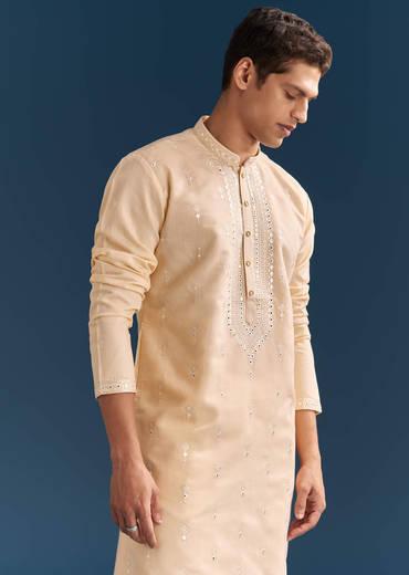 Beige Silk Kurta Set For Men With Thread And Mirror Embroidery