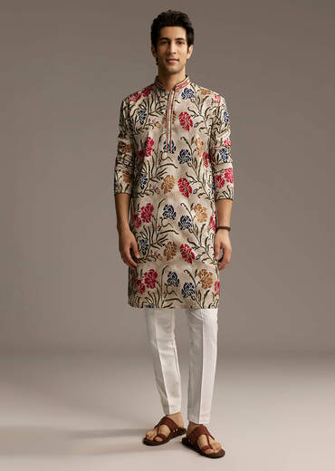 Beige Silk Printed Designer Kurta For Men With Floral Print
