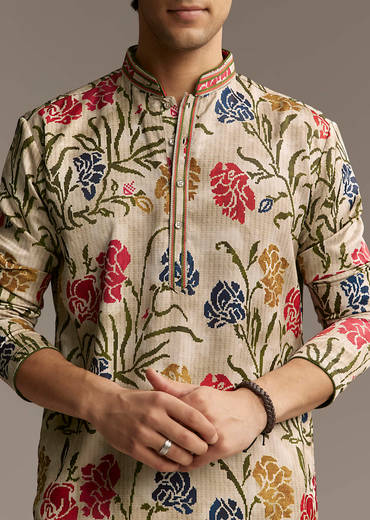 Beige Silk Printed Designer Kurta For Men With Floral Print