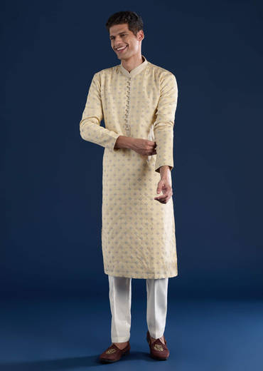 Beige Straight Kurta and Pant Set in Jacquard