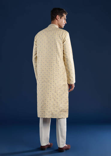 Beige Straight Kurta and Pant Set in Jacquard