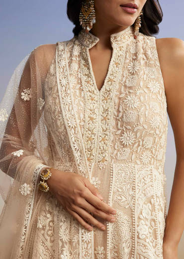 Beige Threadwork Anarkali With Dupatta