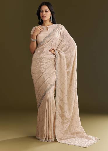 Beige Tissue Embroidered Saree With Cutdana Stones And Sequins