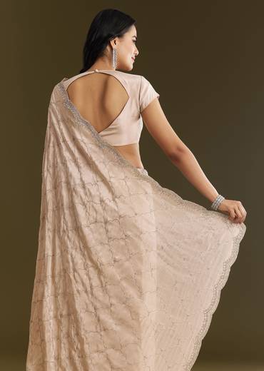 Beige Tissue Embroidered Saree With Cutdana Stones And Sequins