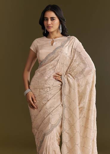 Beige Tissue Embroidered Saree With Cutdana Stones And Sequins