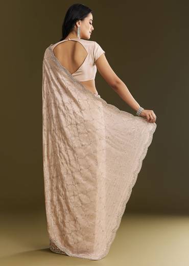Beige Tissue Embroidered Saree With Cutdana Stones And Sequins