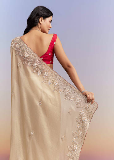 Beige Tissue Jacquard Saree With Heavy Hand Work