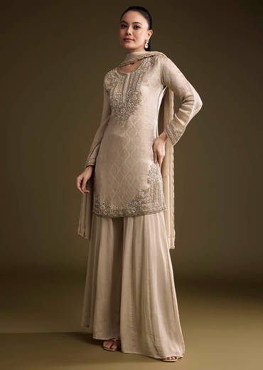 Beige Tissue Palazzo Suit With Banarasi Weave And Sequins Embroidery