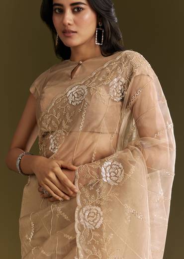 Beige Tissue Saree With Floral Embroidery And Scallop Border
