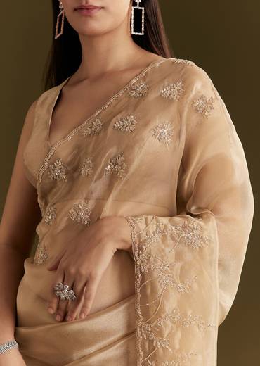 Beige Tissue Saree With Heavy Cutdana And Beads Embroidery