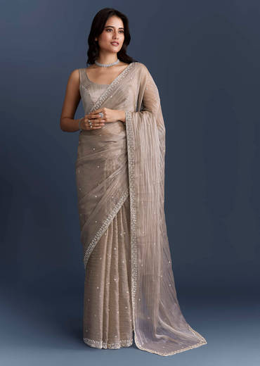 Beige Tissue Saree With Heavy Hand Embroidery