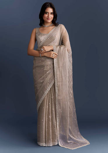 Beige Tissue Saree With Heavy Hand Embroidery