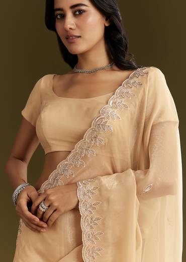 Beige Tissue Saree With Leaf Motif Embroidery In Sequins And Cutdana