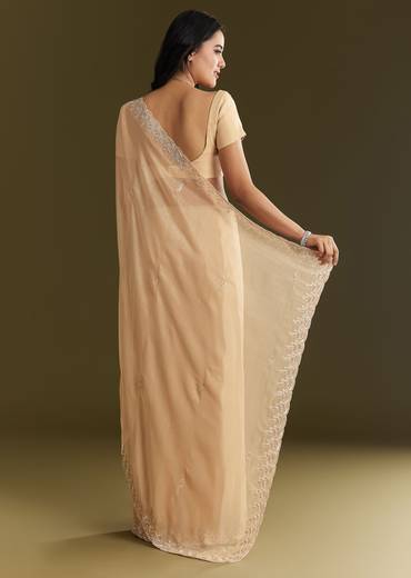 Beige Tissue Saree With Leaf Motif Embroidery In Sequins And Cutdana