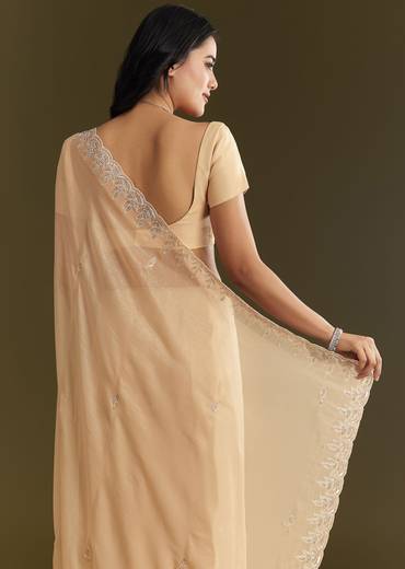 Beige Tissue Saree With Leaf Motif Embroidery In Sequins And Cutdana