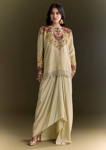 Beige Tussar Silk Kurta Skirt With Beads And Threadwork