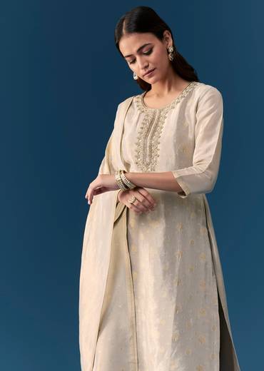 Beige Weave Kurta Set With Zardosi And Cut Dana Work